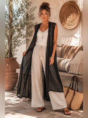 NWT Rhea Black Lightweight Net Kimono Duster One Size Boho Layering A33